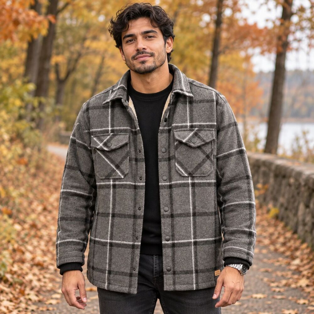 JACHS NEW YORK Men's XL Gray Plaid Sherpa Lined Wool Blend Shirt Jacket
